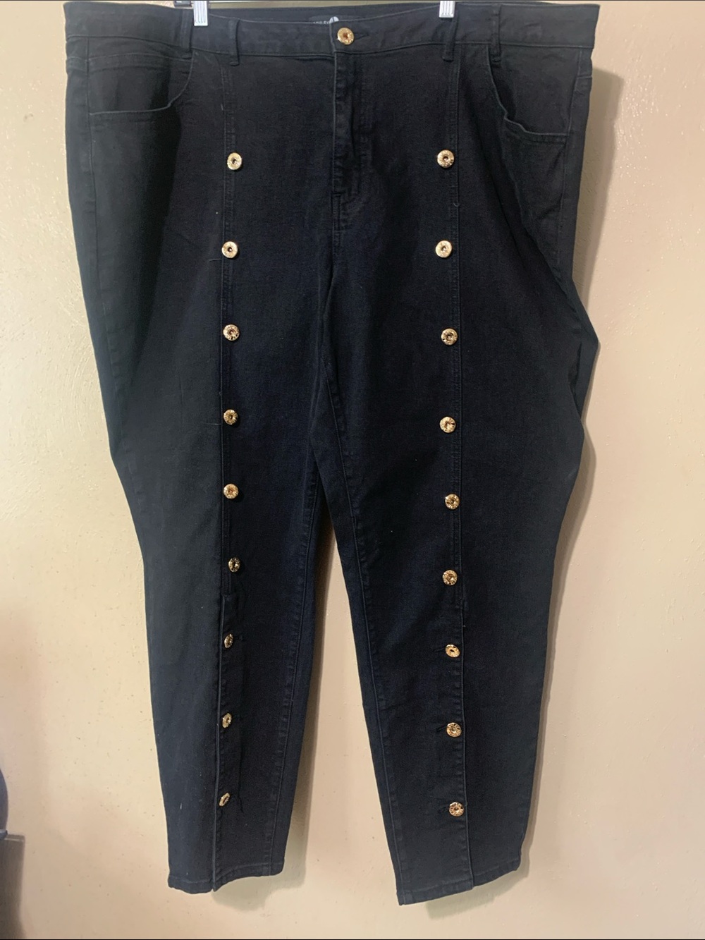 Ashley Stewart size 28 Black Denim Jeans with Gold Buttons NWT